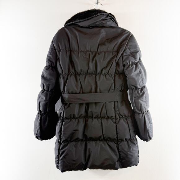 Prada Down Fur Trim Parka Puffer Coat Jacket Belted Black 42 / 12 - Picture 3 of 8